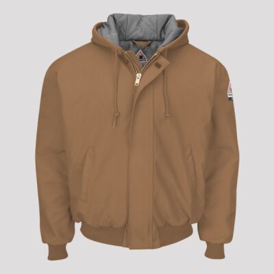 Men's Insulated Brown Duck Hooded Jacket with Knit Trim Thumbnail